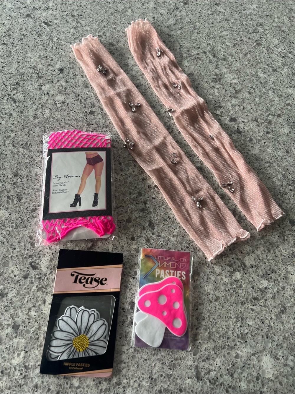 Halloween Rave Accessories Lot - Pasties, Fishnet Biker Shorts, Pink Gloves